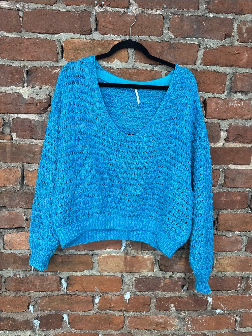Free People Women’s Coconut Bright Blue Open Knit V-Neck Sweater (55% Cotton)